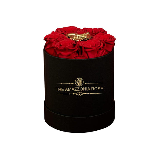 Amazzonia Bouquet 7 Rose Stabilizzate Lunga Durata Cofanetto D'amore - 6 Rosse + 1 Oro